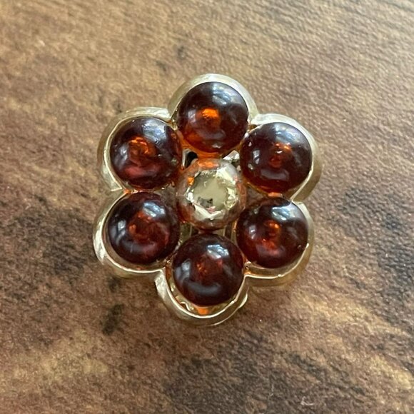 Vintage Coro Earrings Amber Lucite Floral Gold Tone Chunky Clip Signed Flower - Picture 5 of 15